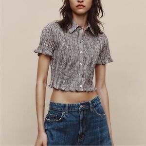 Zara Gingham Crop Shirt brown ruched shirred size large